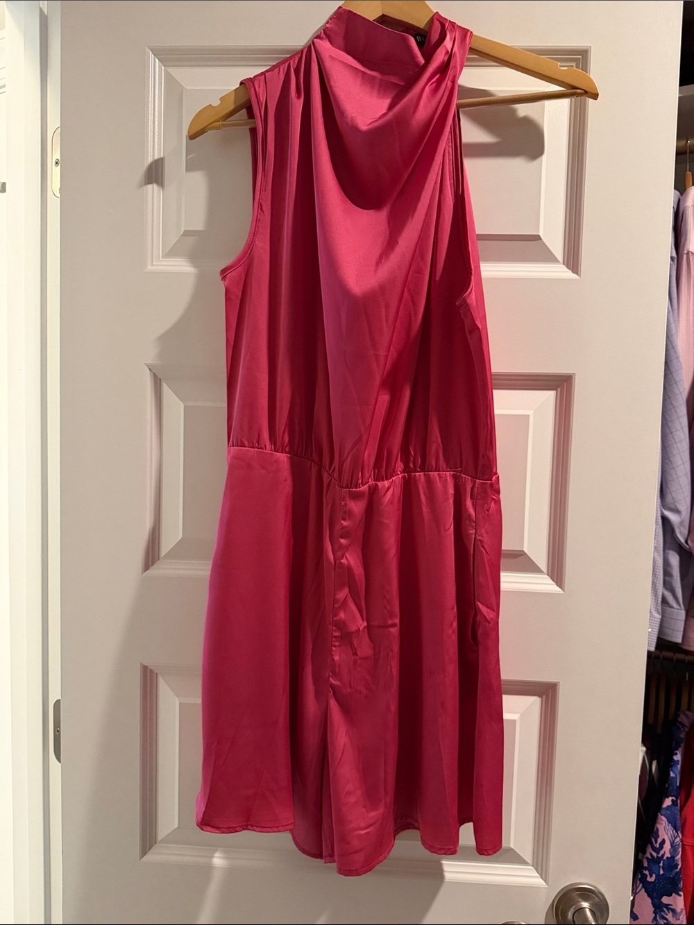 Bright Pink Sleeveless Draped Neck Satin Dress